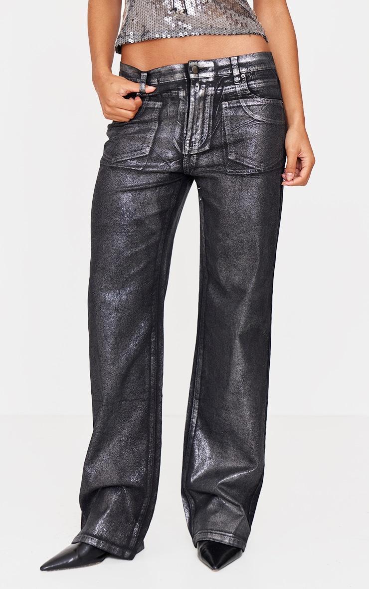 Black Metallic Effect Low Rise Wide Leg Jeans Product Image