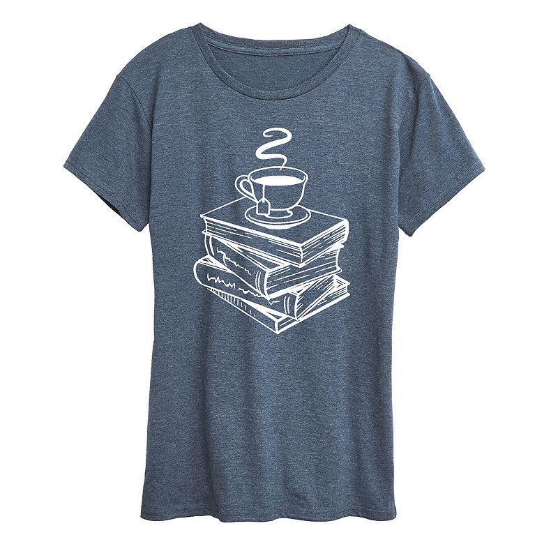 Womens Tea And Stacked Books Graphic Tee, Girls Grey Blue Product Image