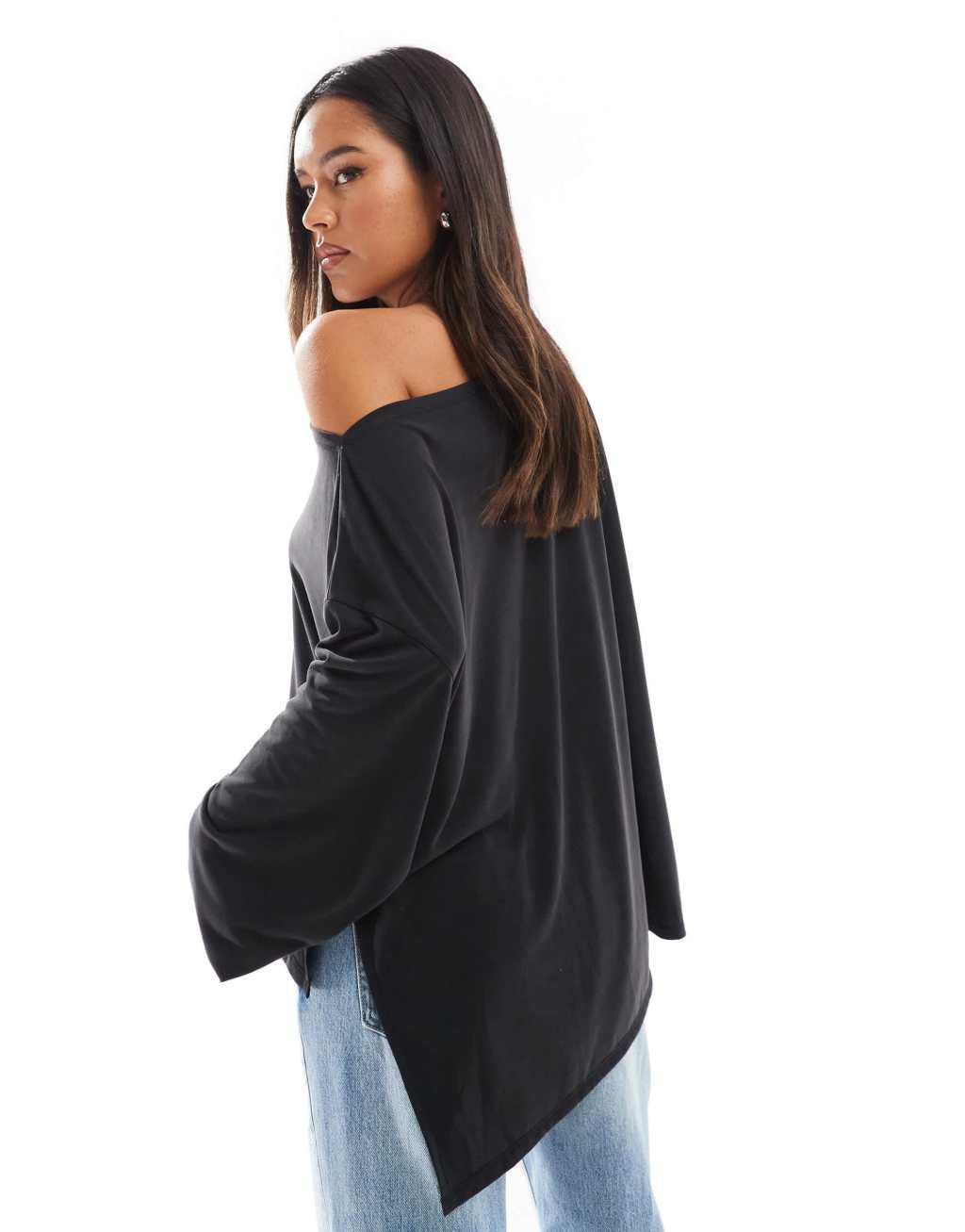 ASOS DESIGN relaxed modal off shoulder long sleeve T-shirt in gray Product Image