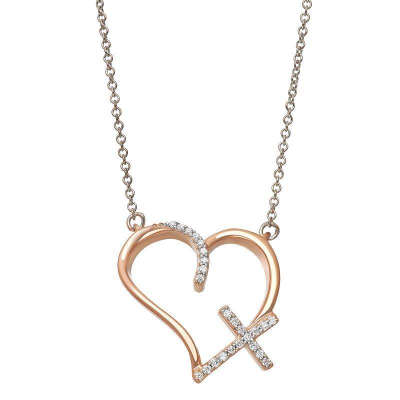 Jewelexcess Two Tone Sterling Silver 1/10 Carat T.W. Diamond Heart Cross Pendant Necklace, Womens Multicolor Product Image