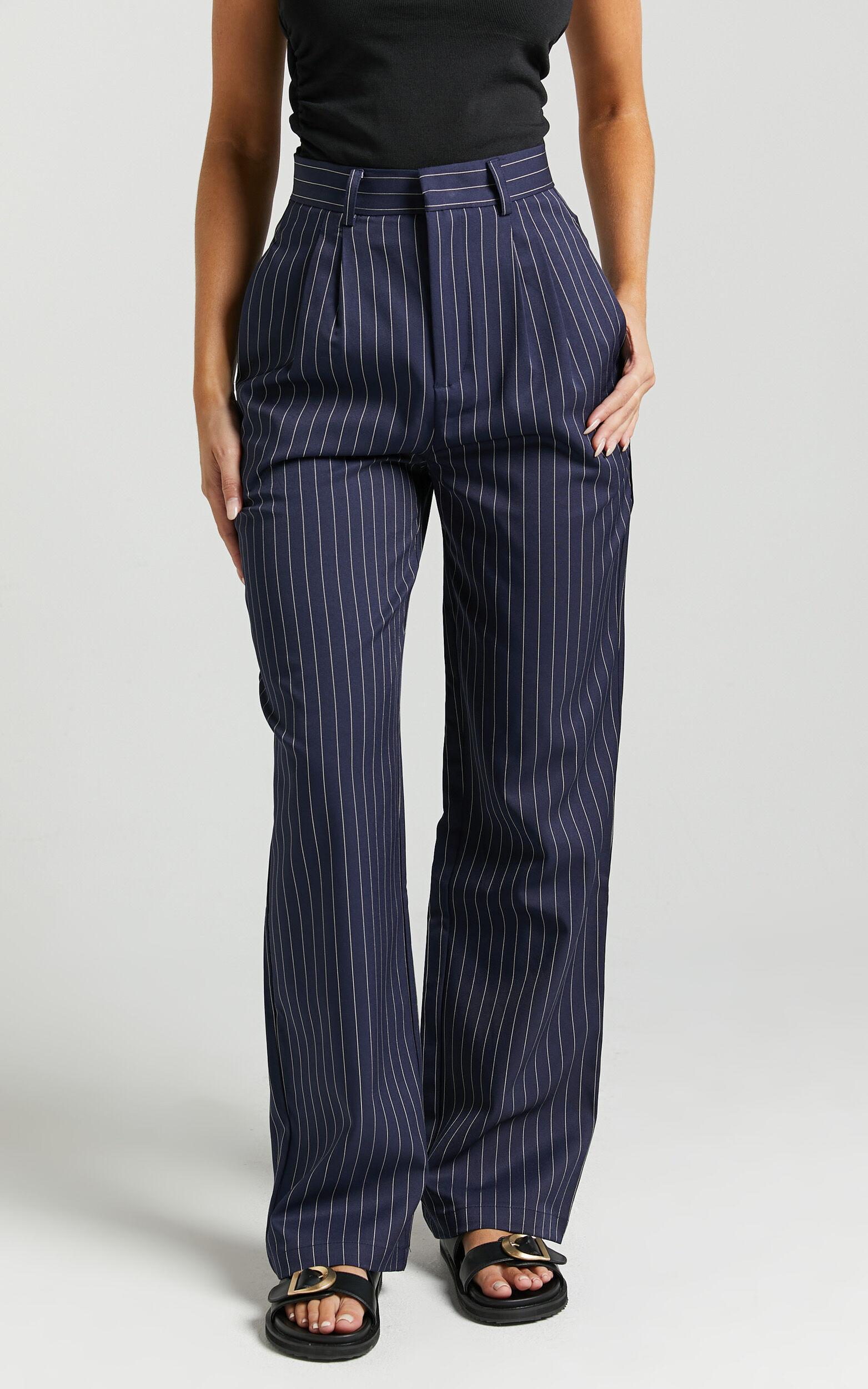 Iyah Pants - High Waisted Tailored Pants in Navy Pinstripe Product Image