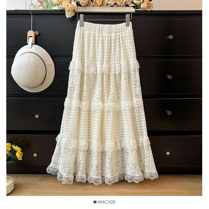 Tiered High-Rise Lace A-Line Skirt Product Image