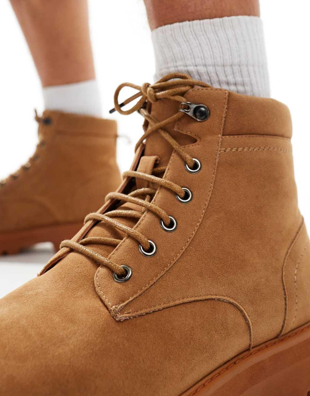 ASOS DESIGN lace up worker boots in tan Product Image