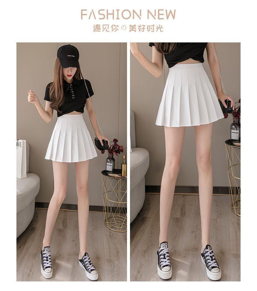 High Waist Plain Pleated Mini Skort Product Image