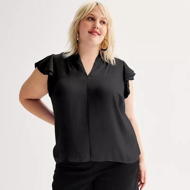 Plus Size Nine West Satin V-Neck Flutter Sleeve Blouse, Womens Product Image