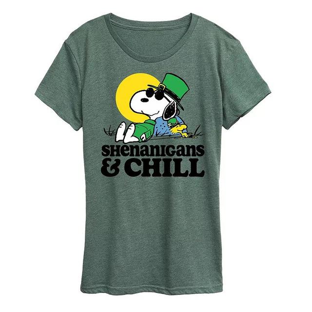 Womens Peanuts Snoopy & Woodstock Shenanigans & Chill Graphic Tee Grey Green Product Image