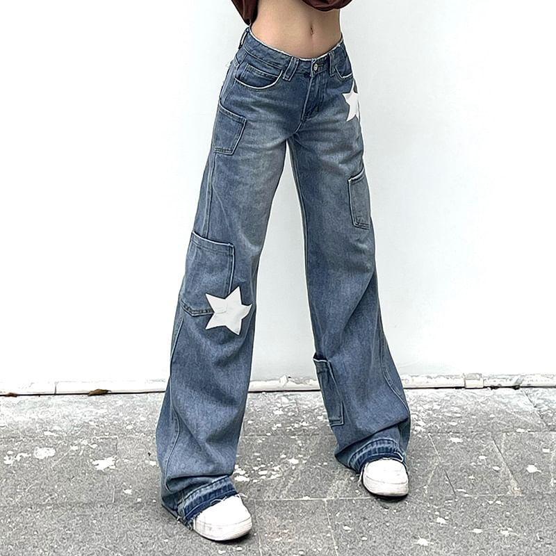 Mid Waist Star Applique Flared Jeans Product Image