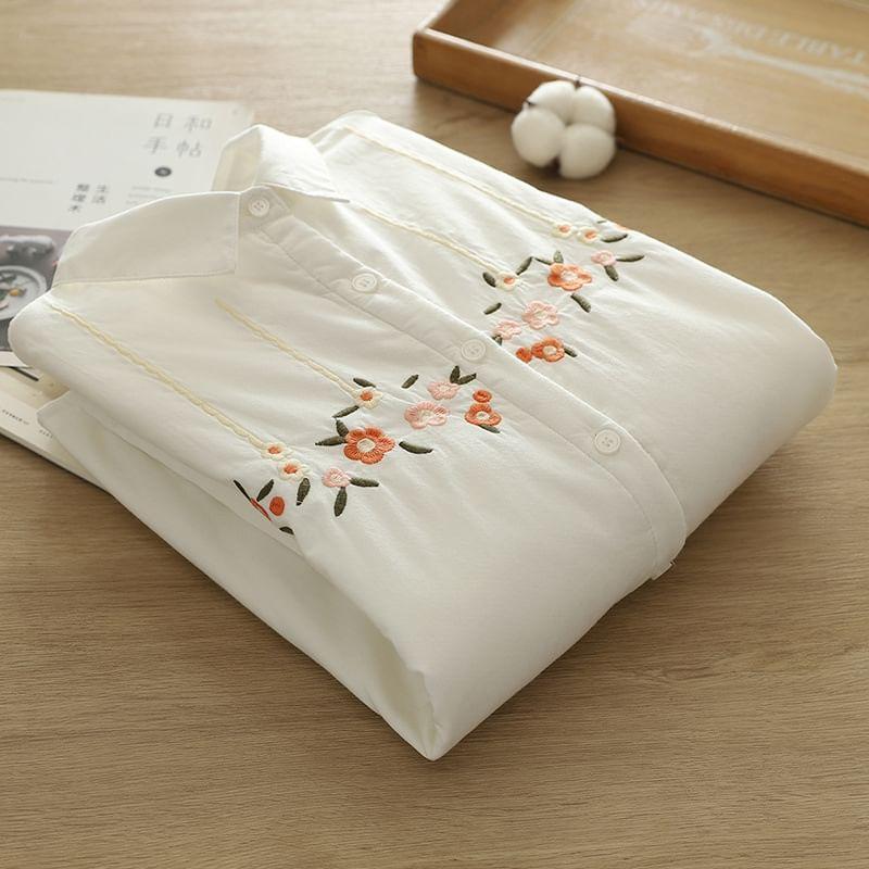 Long Sleeve Collared Floral Embroidered Shirt Product Image