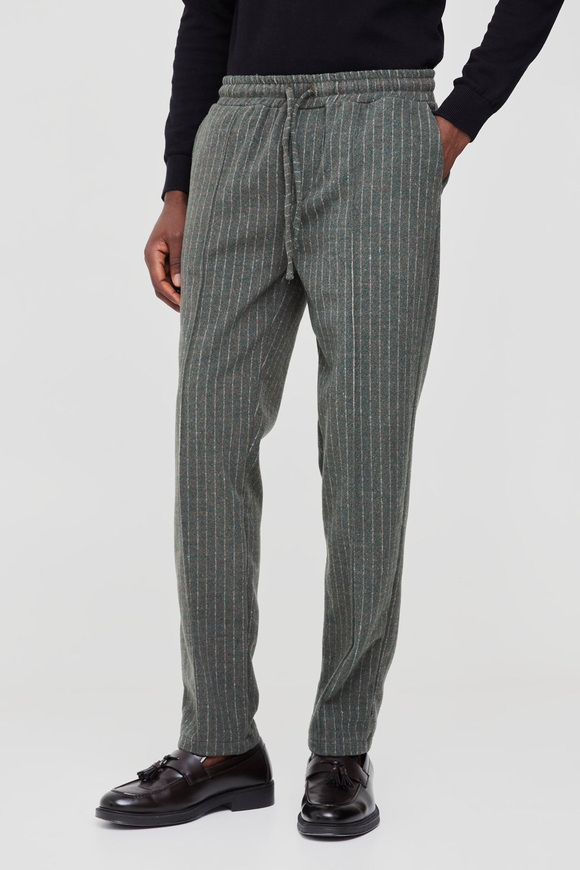 Tapered Fit Pinstripe Wool Look Pintuck Elasticated Waist Trouser | boohooMAN USA product image