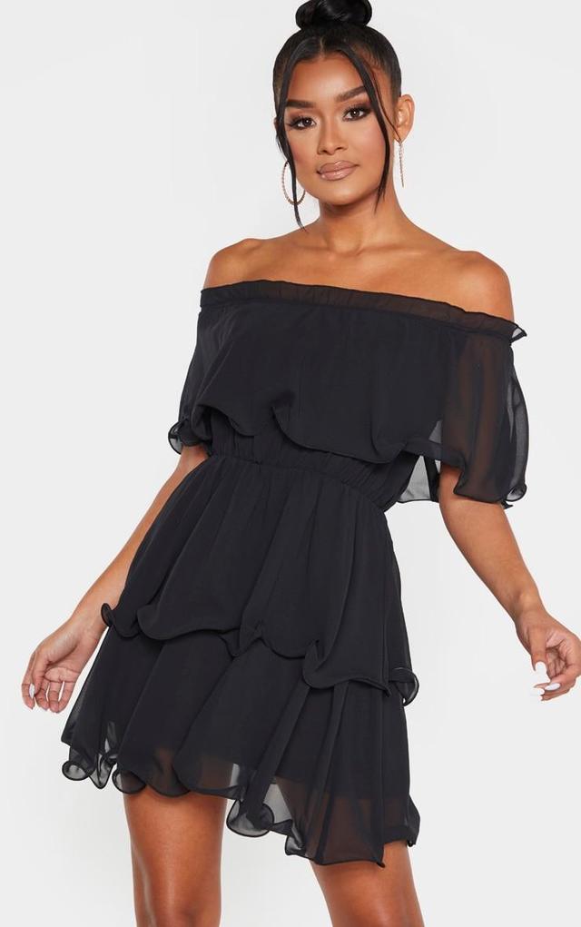 Black Chiffon Bardot Ruffle Tiered Dress Product Image