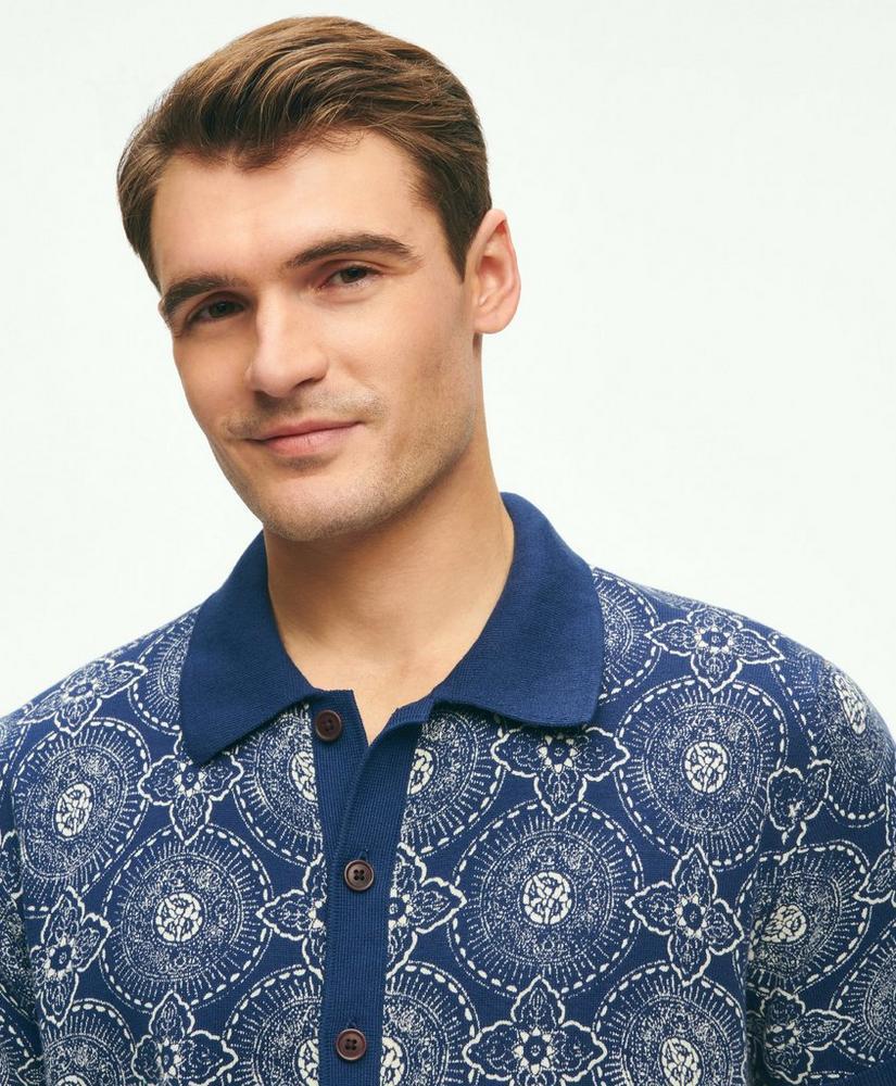 Cotton Polo Cardigan In Batik-Inspired Block Print Product Image