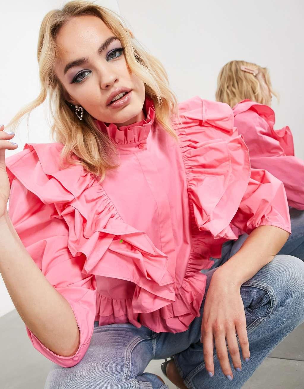 ASOS EDITION ruffle detail shirt with high neck in pink Product Image