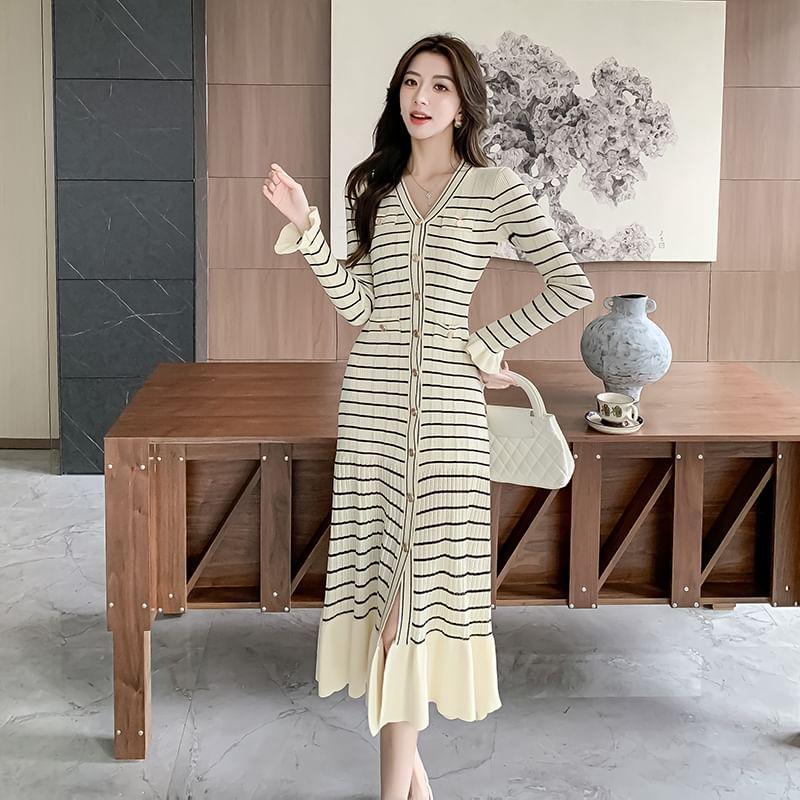 Long-Sleeve V-Neck Striped Button Midi A-Line Knit Dress Product Image