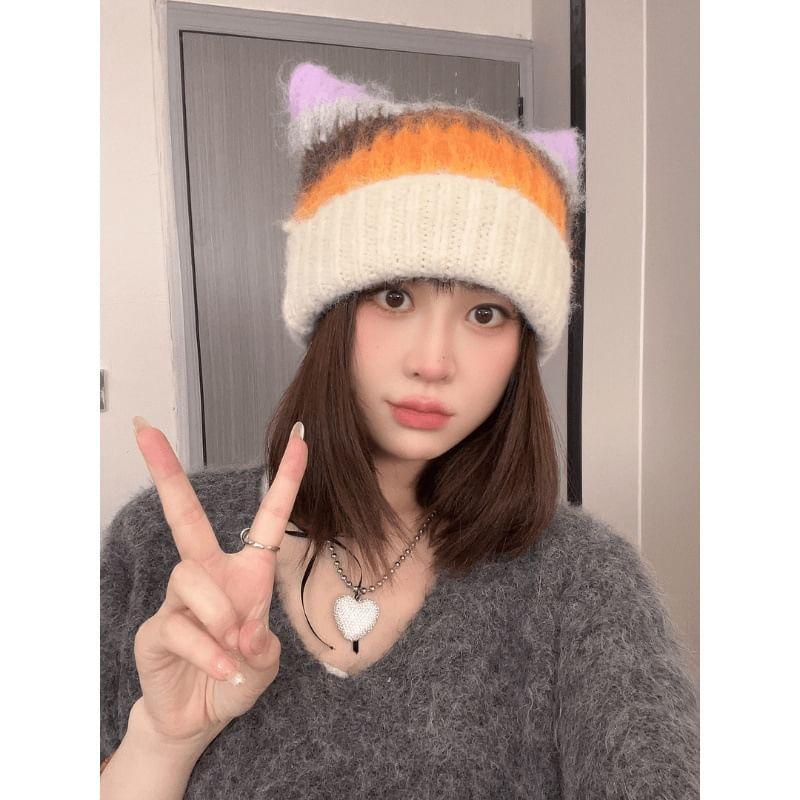 Cat Ear Color Block Beanie Product Image