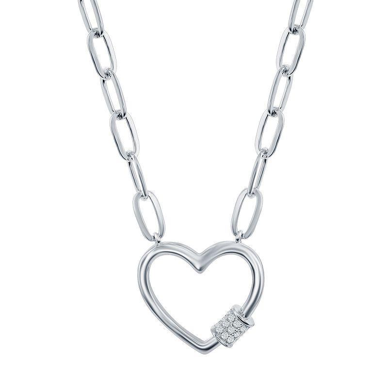 Sterling Silver Cubic Zirconia Heart Paper Clip Necklace, Womens Product Image