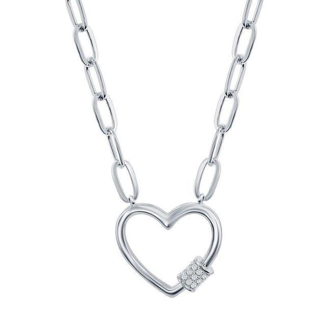 Sterling Silver Cubic Zirconia Heart Paper Clip Necklace, Womens Grey Product Image