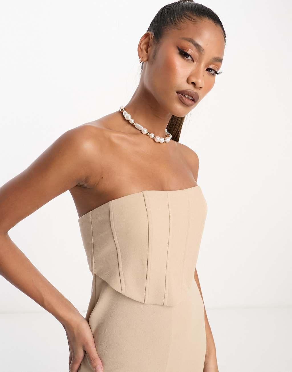 ASOS DESIGN bandeau corset wide leg jumpsuit in stone Product Image