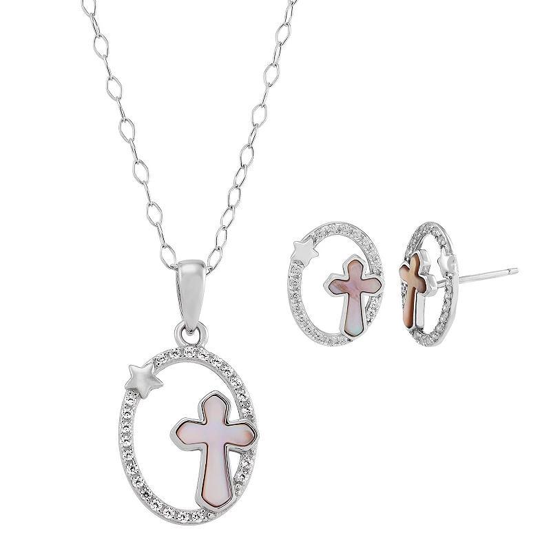 Sterling Silver Cubic Zirconia & Mother of Pearl Cross Pendant Necklace & Stud Earrings Set, Womens White Product Image