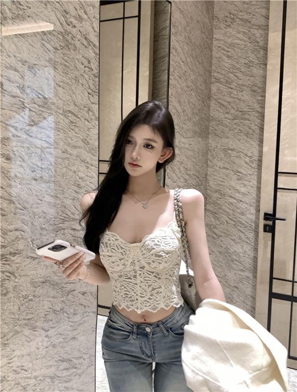 Flower Embroidered Lace Cropped Bustier Product Image