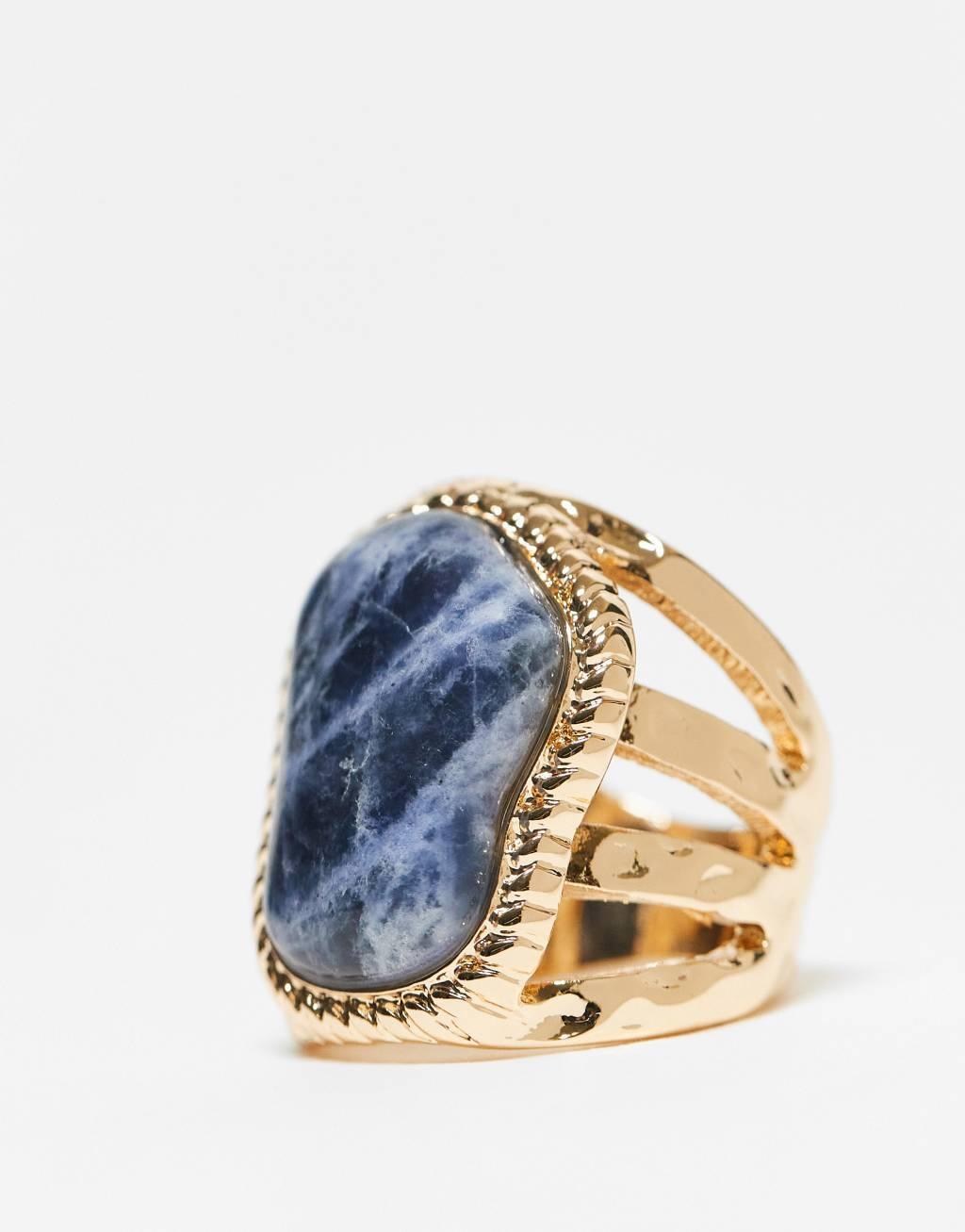 ASOS DESIGN ring with real semi precious lapis stone with molten design in gold tone Product Image