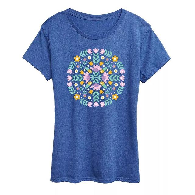 Womens Scandinavian Decorative Flowy Tee Grey Royal Blue Product Image