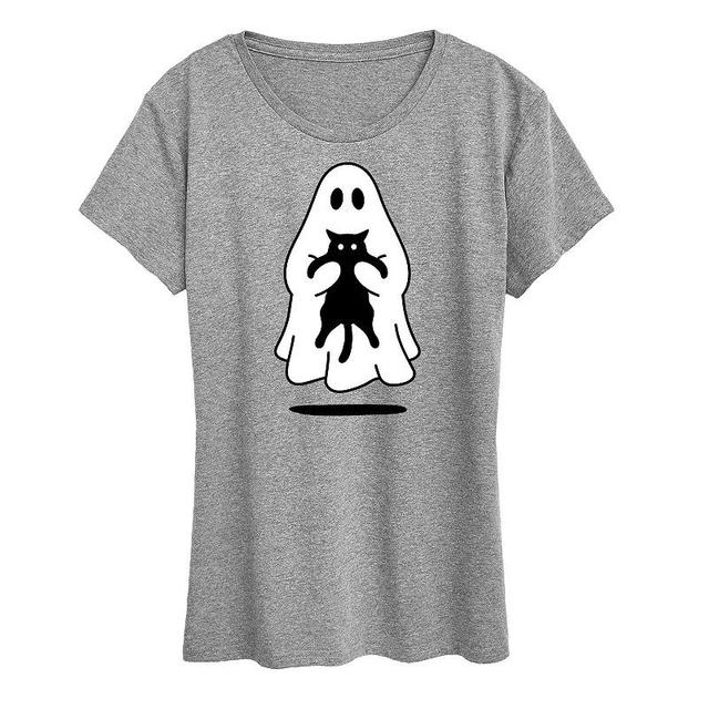 Womens Ghost Holding Black Cat Graphic Tee Grey Gray Product Image