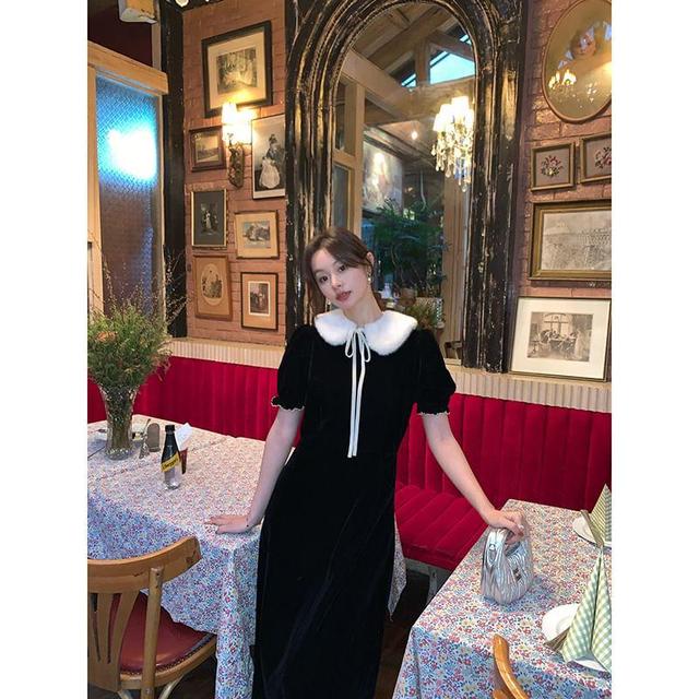 Short Sleeve Peter Pan Collar Plain Velvet Maxi A-Line Dress Product Image