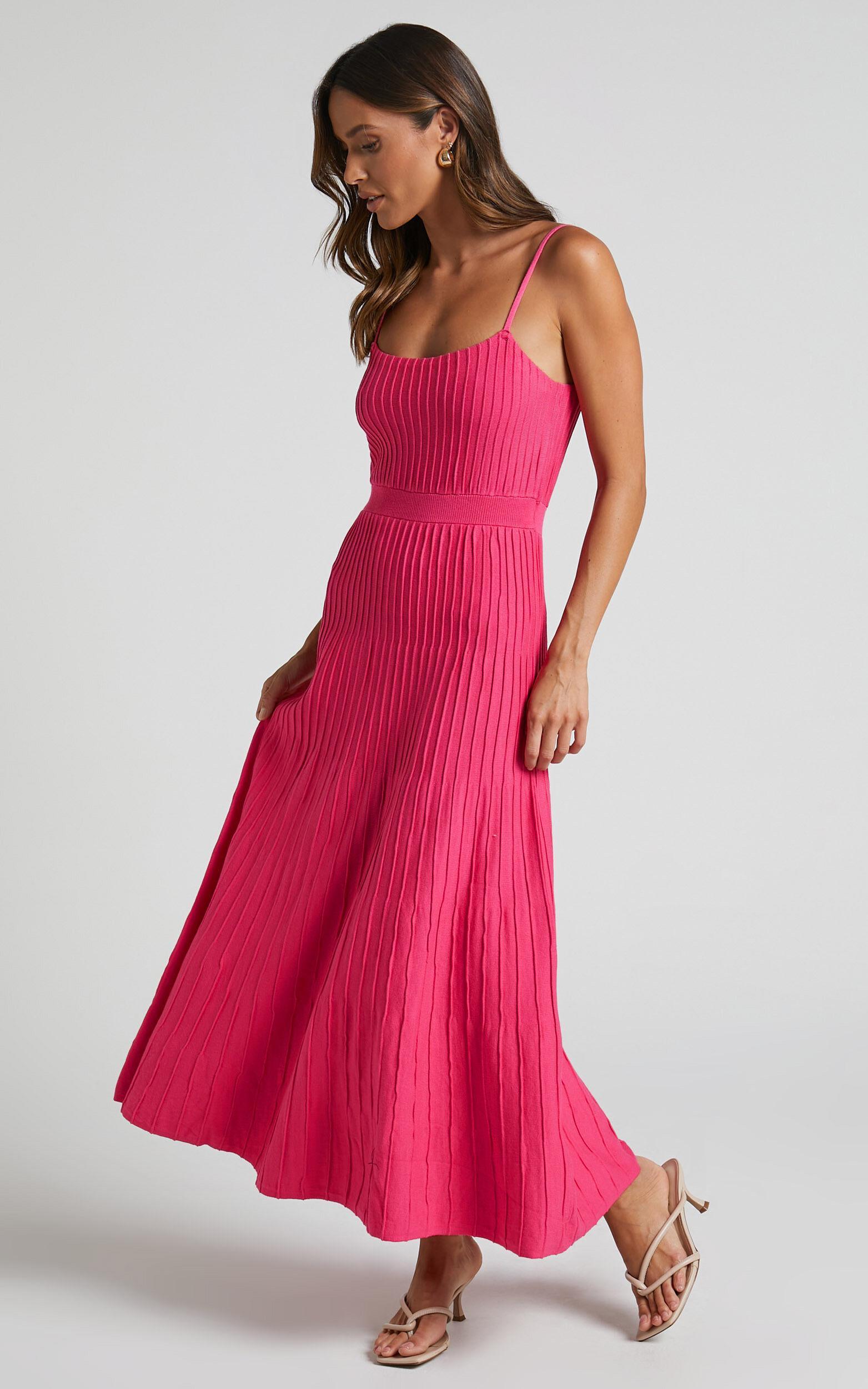 Donissa Midi Dress - Panelled Knit Dress in Hot Pink Product Image