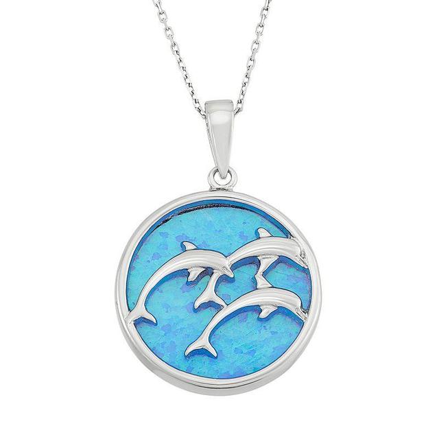 Lab-Created Blue Opal Sterling Silver Triple Dolphin Pendant Necklace, Womens Multicolor Product Image