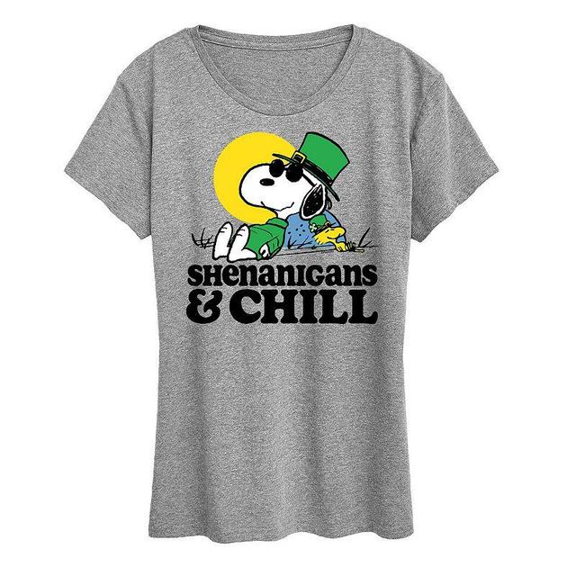 Womens Peanuts Snoopy & Woodstock Shenanigans & Chill Graphic Tee Grey Gray Product Image