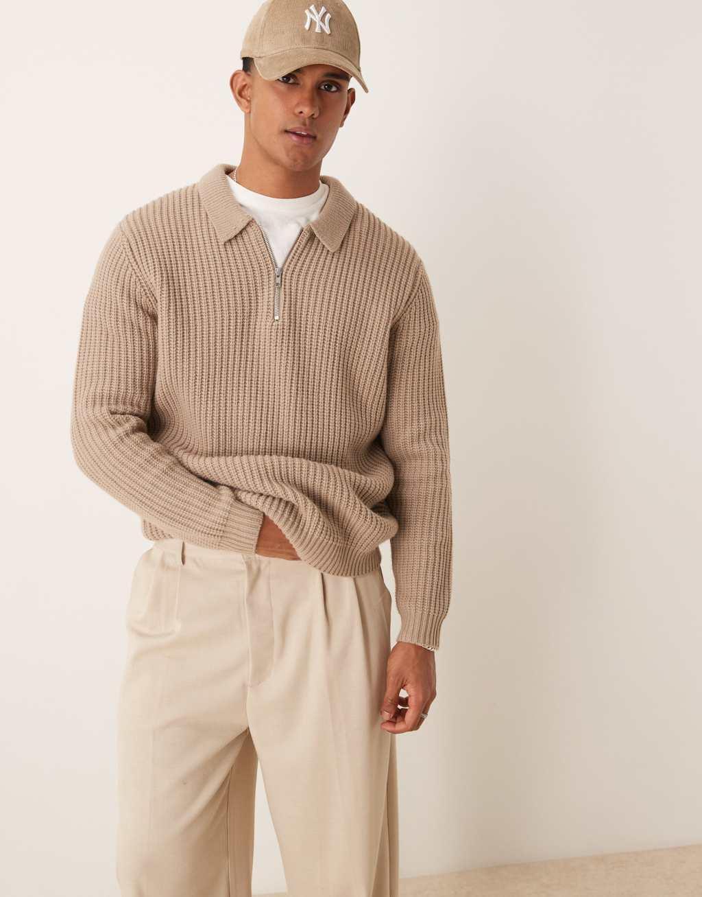 ASOS DESIGN wool mix oversized heavyweight quarter zip rib sweater with collar in taupe Product Image