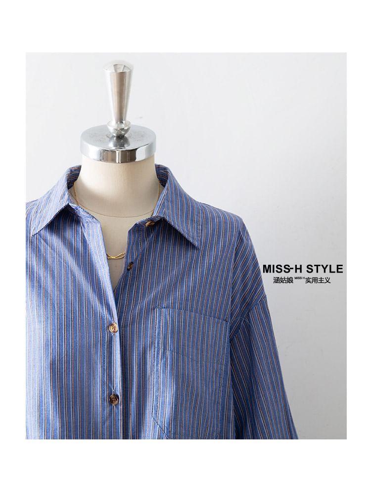 Balloon Sleeve Collared Pinstriped Button Up Shirt Product Image