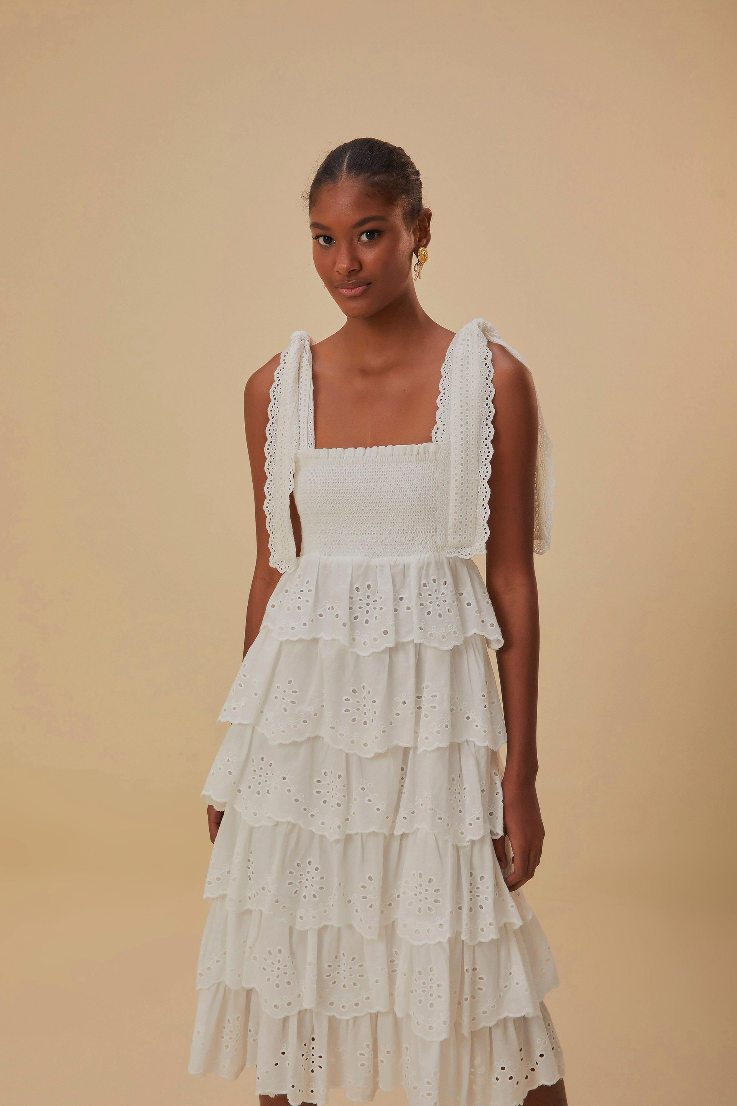 Off-White Embroidered Ruffle Midi Dress Product Image