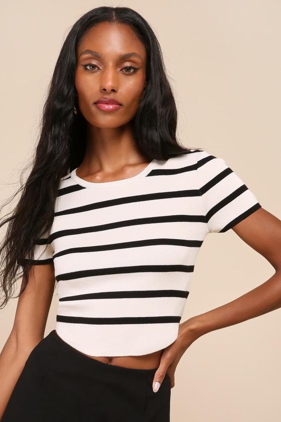 Stylish Sweetie Cream Striped Knit Short Sleeve Crop Top product image