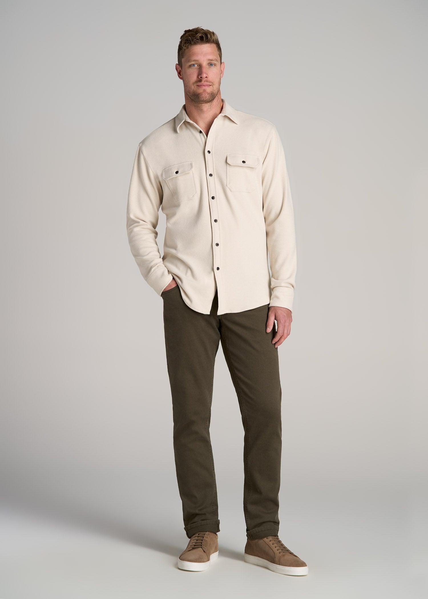 Stretch Flannel Button Tall Men's Shirt in Soft Beige Male Product Image