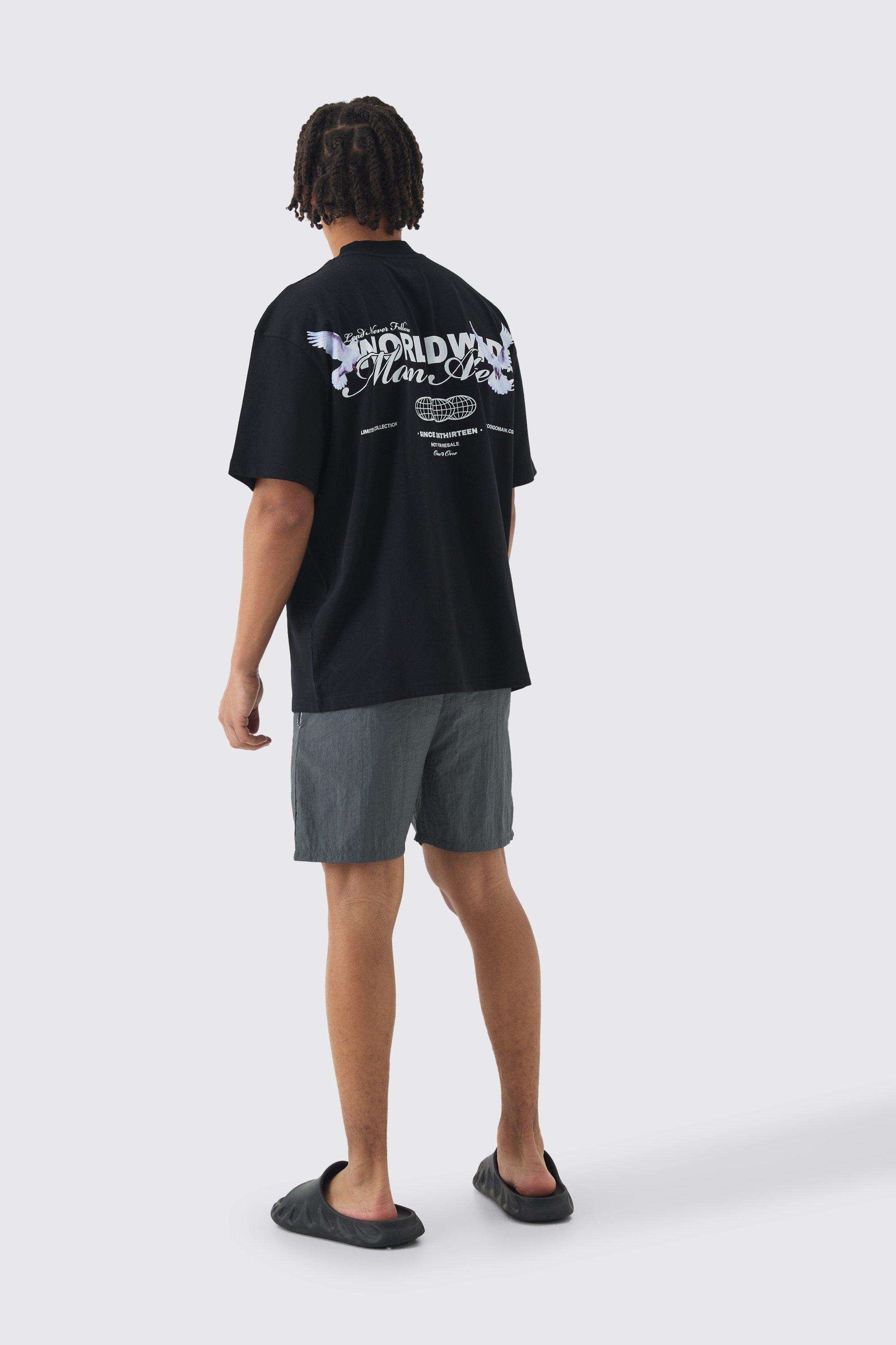 Oversized Extended Neck Worldwide Back Print T-shirt & Swim Set | boohooMAN USA Product Image