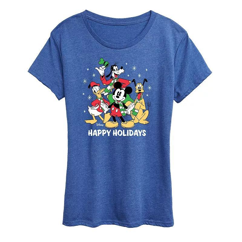 Disneys Mickey and Friends Womens Happy Holidays Group Graphic Tee, Girls Grey Royal Blue Product Image