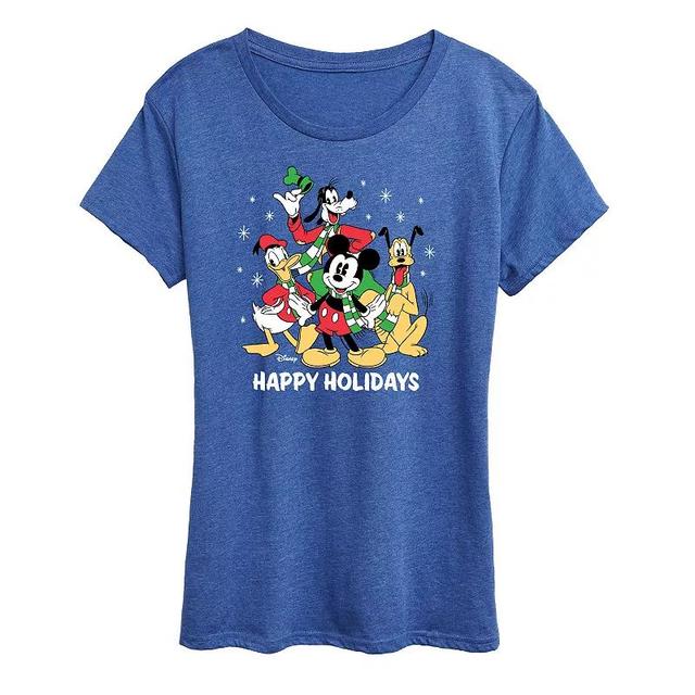 Disneys Mickey and Friends Womens Happy Holidays Group Graphic Tee, Girls Grey Royal Blue Product Image