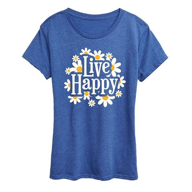 Womens Live Happy Daisies Graphic Tee Grey Royal Blue Product Image