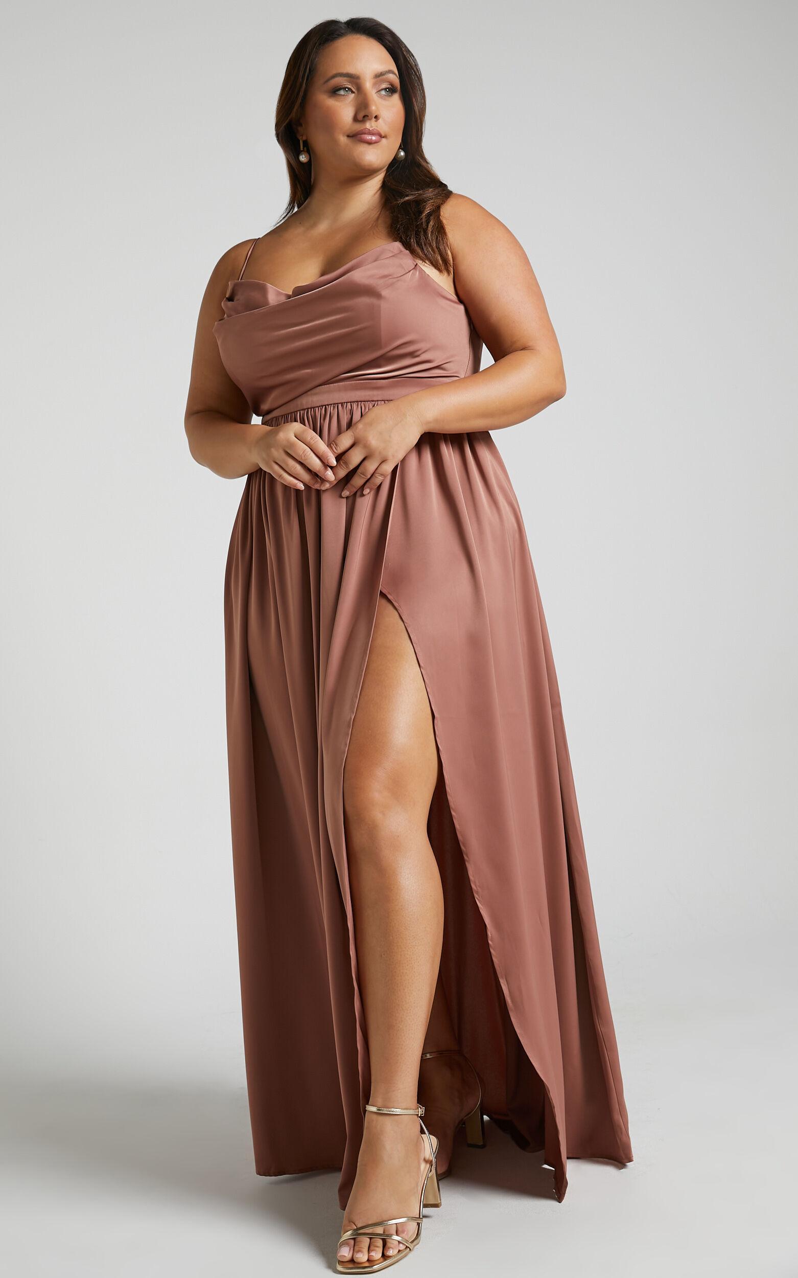 Gemalyn Maxi Dress - Cowl Neck Thigh Split Dress in Dusty Rose Product Image