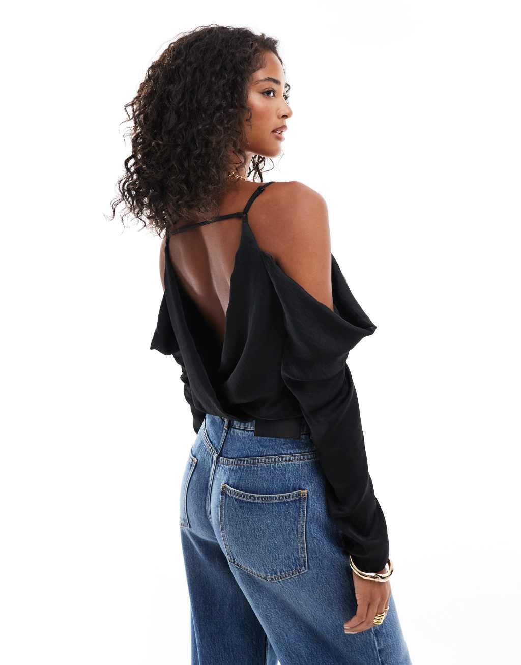 ASOS DESIGN cold shoulder bodysuit in black Product Image