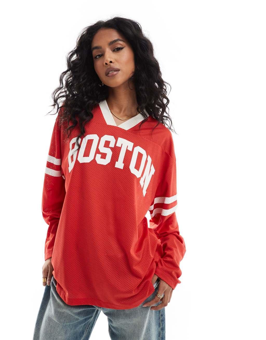 ASOS DESIGN V neck sweat with boston sports graphic in red Product Image