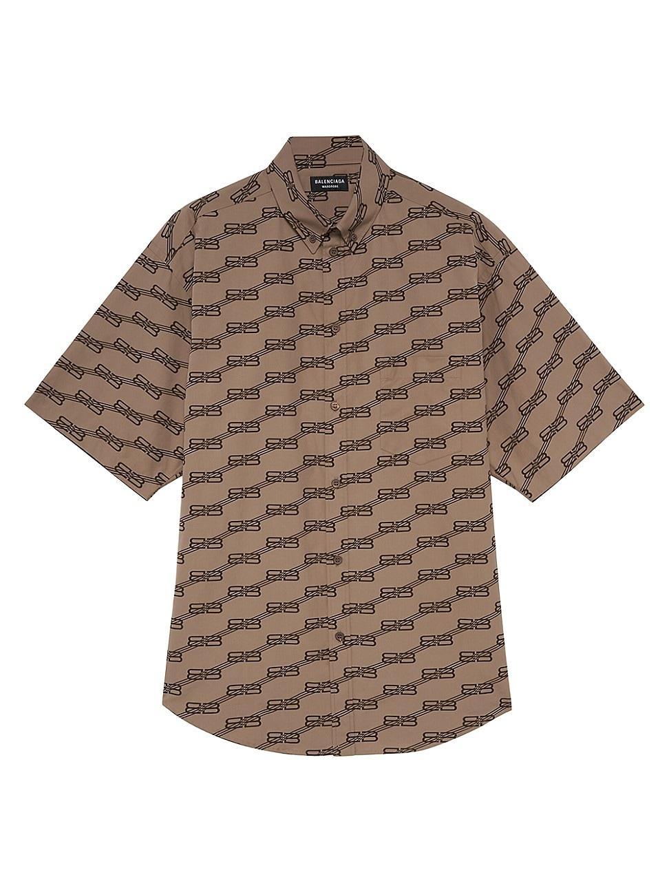 Balenciaga - Short-sleeved Logo-print Cotton-poplin Shirt - Mens - Brown Beige Product Image