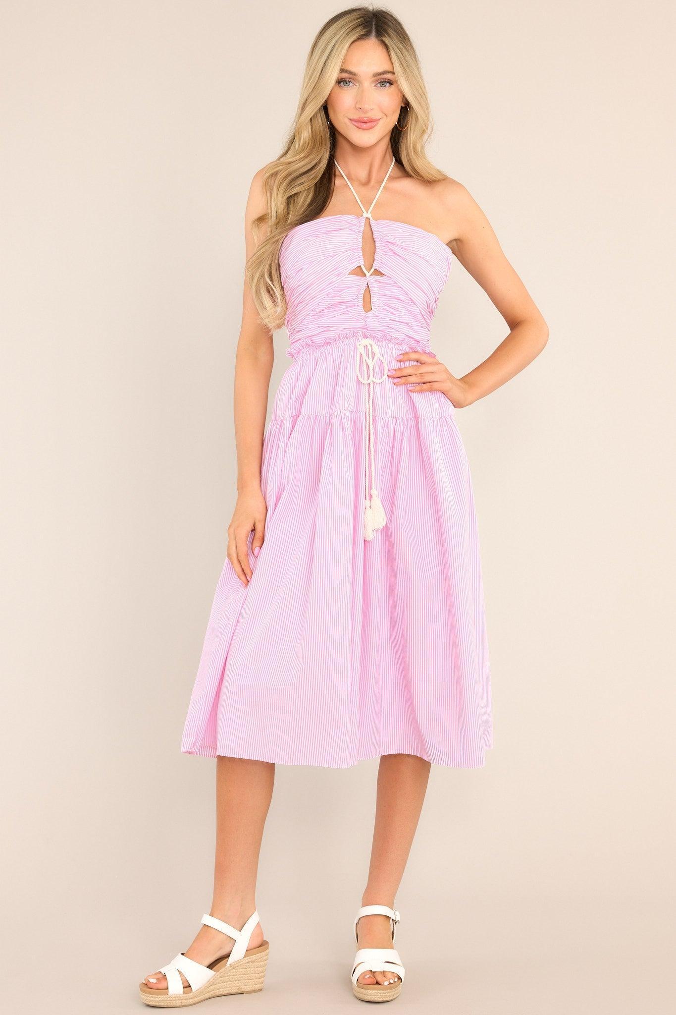 In The Details Pink Striped Halter Midi Dress Product Image