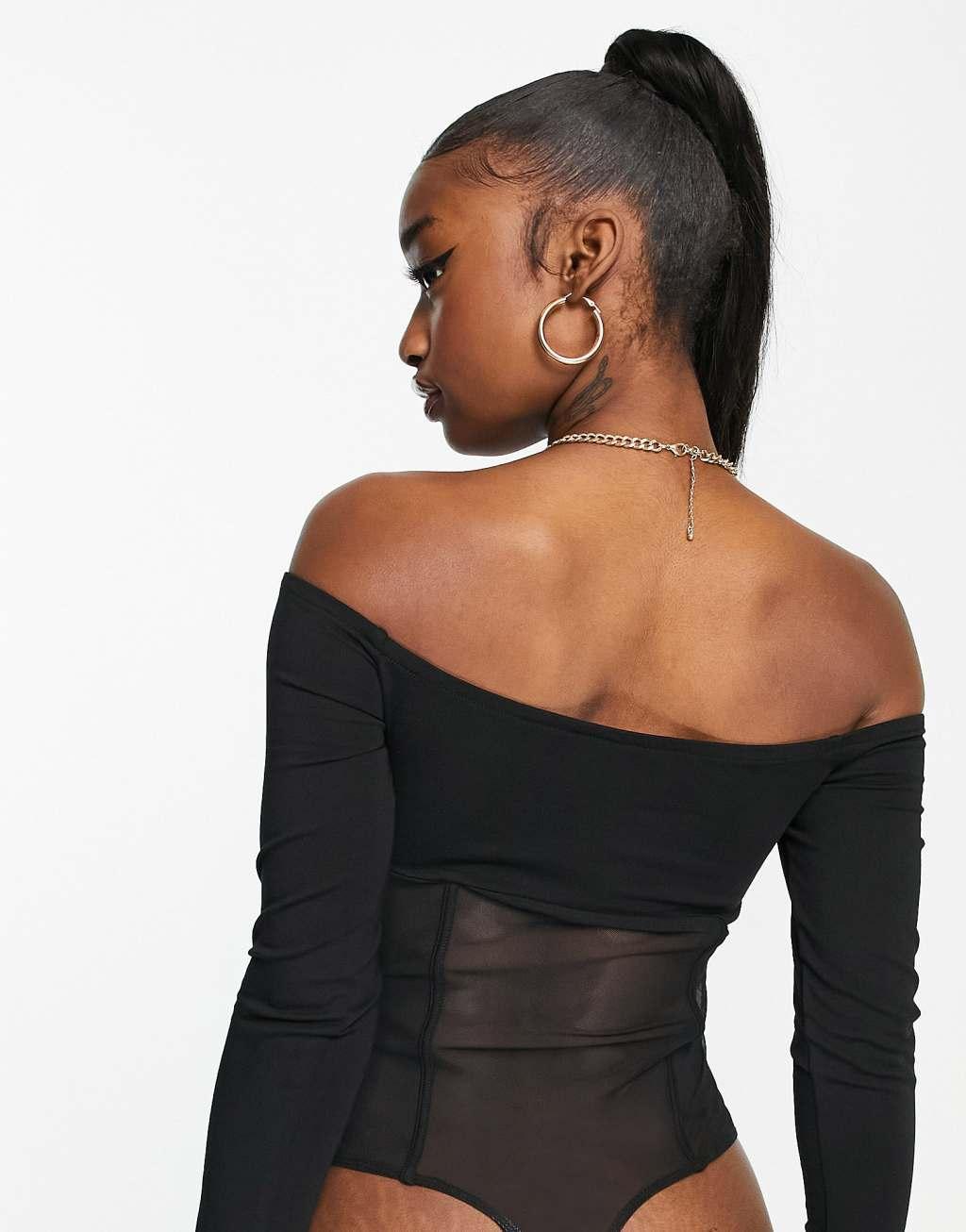 ASOS DESIGN off shoulder corset mesh detail bodysuit in black  Product Image