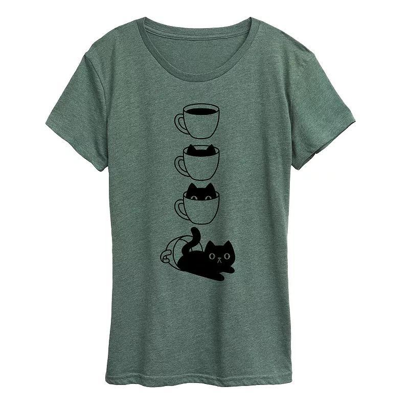 Womens Cat Coffee Cup Graphic Tee Green Product Image