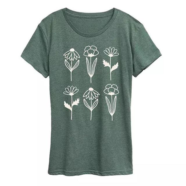 Womens Simple Line Drawn Flowers Graphic Tee Grey Green Product Image