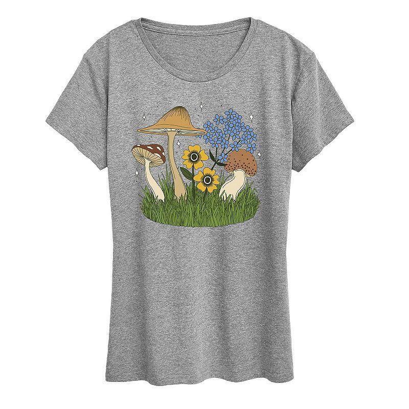 Womens Colorful Mushrooms and Flowers Graphic Tee White Product Image