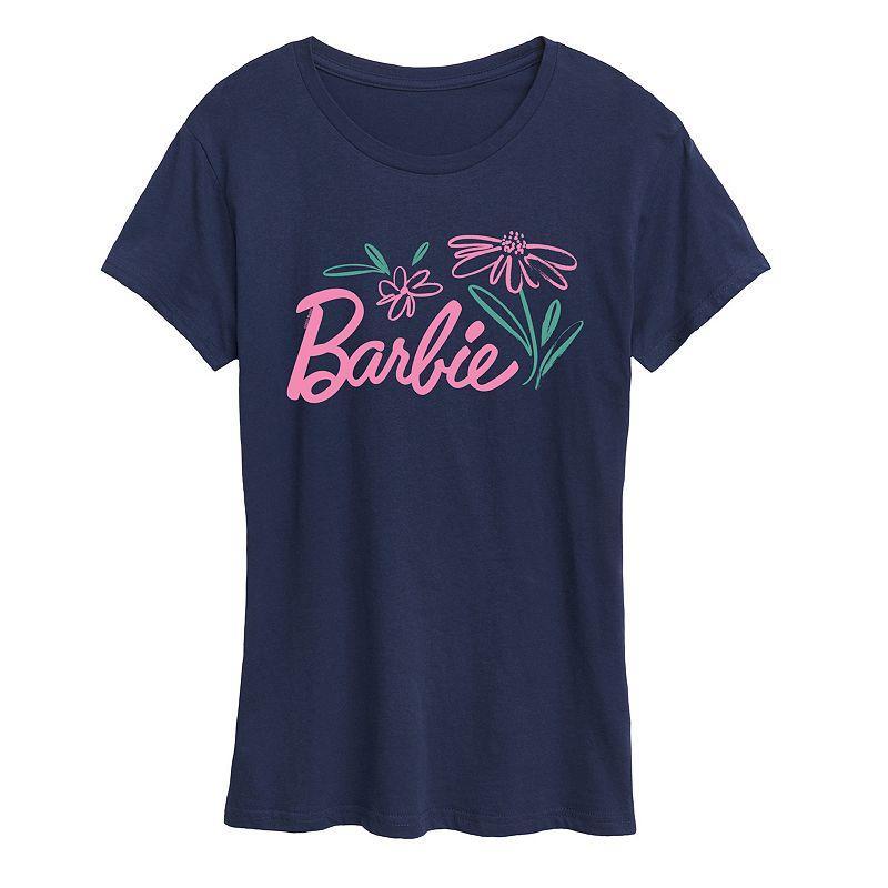 Womens Barbie Logo Brushed Flowers Graphic Tee Blue Product Image