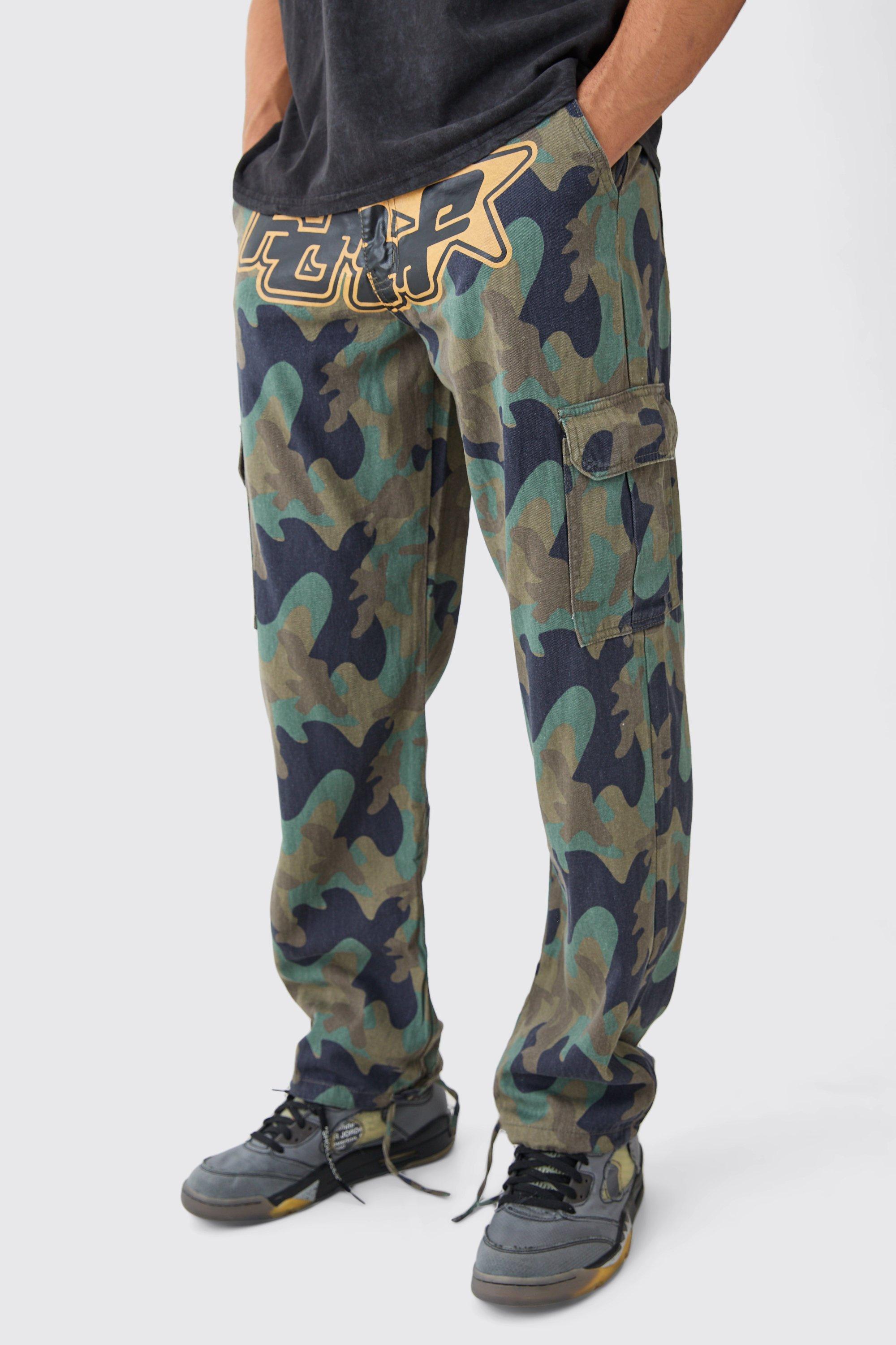 Relaxed Crotch Print Tie Hem Camo Cargo Pants | boohooMAN USA Product Image